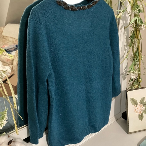 Lands' End Teal Wool Sweater with Beaded Neckline - Picture 3 of 12